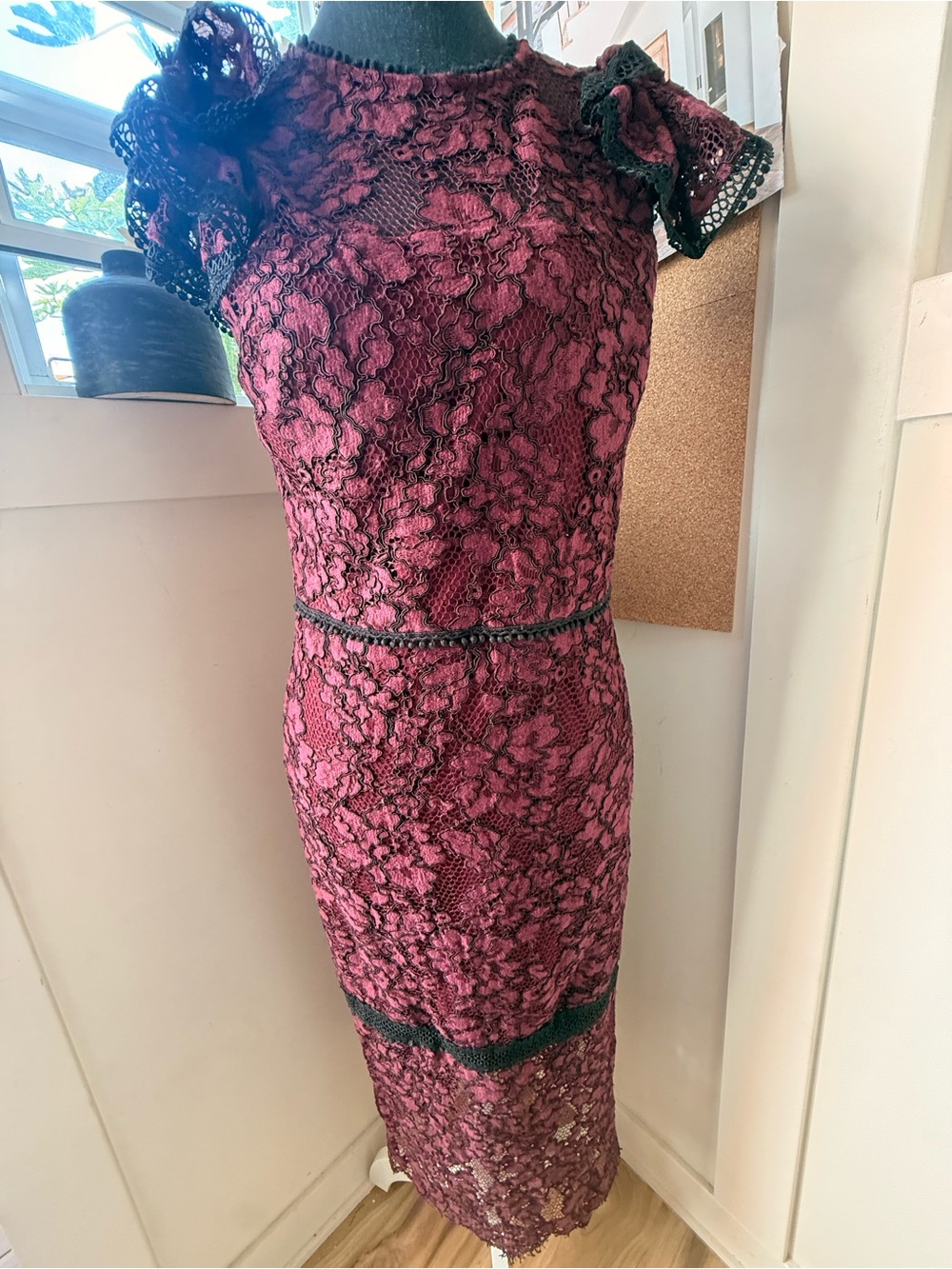 Alexis Elegant Lace Sheath Dress in Burgundy with Black Trim
